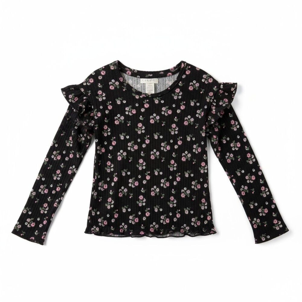 Colette Lilly Girls Long Sleeve Top Size 7/8 – Black Pink Flower Print Shirt